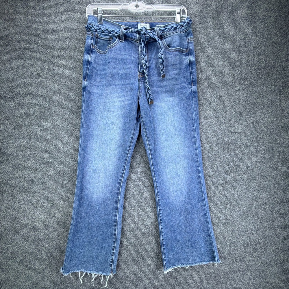 Kensie Jeans Womens 6/28 Blue High Rise Flare Ankle Raw Hem Braided Belt